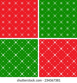 Seamless patterns. Christmas ornaments with snowflake and dotted rhombuses. Holiday backgrounds
