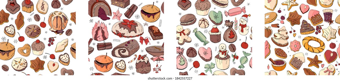 Seamless patterns with christmas pastry. Endless textures for festive design, restaurant and cafe menu, decoration.