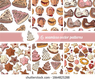 Seamless patterns with christmas sweet food and desserts. Endless textures for festive design, restaurant and cafe menu.