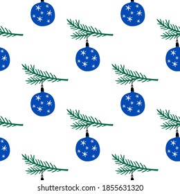 Nahtlose Muster. Weihnachtsbaumspielzeug auf einem Fichtenzweig. Silvester-Illustration. Vektorgrafik.