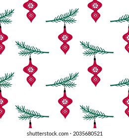 Patrones sin inconvenientes. Juguete de árbol de Navidad en una rama de abeto. Ilustración de Año Nuevo. Vector.