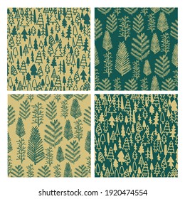Seamless patterns with christmas trees and pines firs branches, hand drawn vector illustration, winter holiday backgrounds