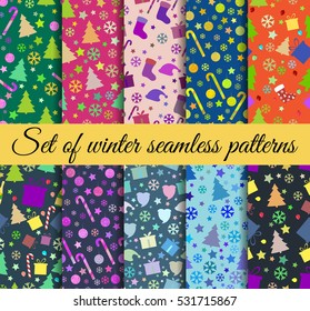 Seamless patterns Christmas. Winter pattern with Christmas symbols. Vector illustration.