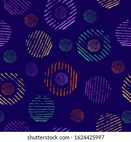 
Seamless patterns with circles of various sizes. Circles consist of pen and ink lines. Background blue color and circles orange, green, purple. Template for textile, background. Hand drawn. Vector