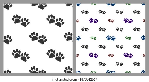 Seamless patterns with clipping mask. Animal paw prints staggered on white background