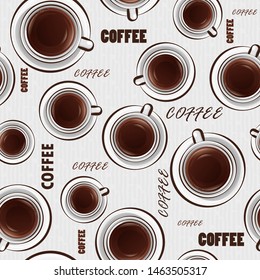 Seamless patterns with coffee cup and text on light background. for printing fabric and paper or scrap booking. Background design for cafe or restaurant menu.Eps10 Vector
