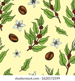 Seamless patterns with Coffee plants or branches in vintage style. Tree from a cup. Hand drawn engraved retro sketch for labels.