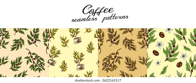 Seamless patterns with Coffee plants or branches in vintage style. Tree from a cup. Hand drawn engraved retro sketch for labels.