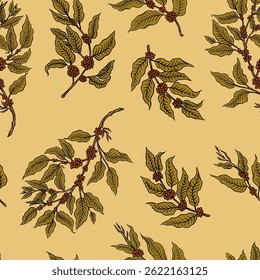 Seamless patterns with Coffee plants or branches in vintage style. Tree from a cup. Hand drawn engraved retro sketch for labels.