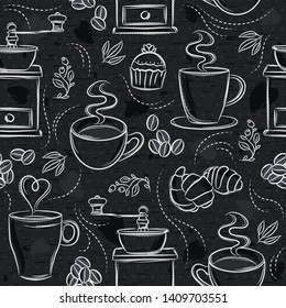 Seamless patterns with coffee set, cup, heart, coffee mill and text on black chalkboard. Ideal for printing onto fabric and paper or scrap booking.