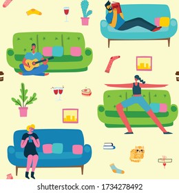 Seamless patterns collage with people stay at home reading books, sewing, doing yoga and sports, in front of sofa, in peaceful cozy room. 