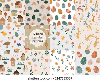 Colección de patrones impecables con casas de boho y flores. Abundantes y huevos de Pascua. Estilo bohemio para la decoración del vivero. Concepto de primavera. Ilustración de material vectorial
