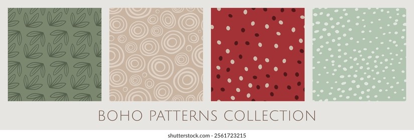 Seamless patterns collection in Boho style. Abstract shapes and herbal motifs. Square tiles perfect for prints, textiles, wallpapers, and wrapping paper. Includes swatches. Vector illustrations.
