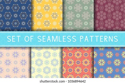 Seamless patterns. Collection of colored floral backgrounds for textile, fabrics or wallpapers