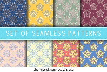 Seamless patterns. Collection of colored floral backgrounds for textile, fabrics or wallpapers
