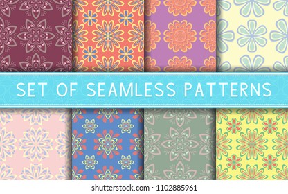 Seamless patterns. Collection of colored floral backgrounds for textile, fabrics or wallpapers