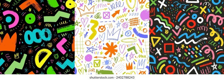 Seamless patterns collection with colorful funny geometric shapes and charcoal doodle lines. Geometric vector shapes in childish memphis style. Bold curly lines, scribbles, squiggles. Punk background.