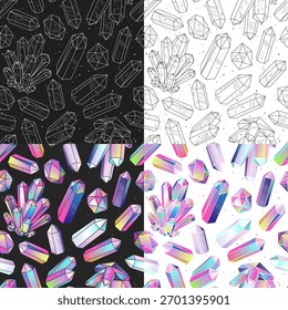 Seamless patterns collection with colorful rainbow multicolored crystals gems on black and white backgrounds. And outline drawing with gemstones, minerals quartz. For textile, fabric, print wallpaper.