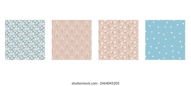 Seamless patterns collection of cotton plant flowers. Branches and ripe cotton bolls endless background set. Vector flat hand drawn illustration.