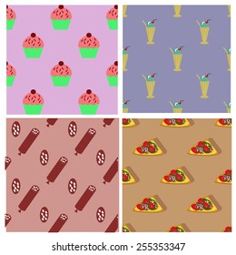 Seamless patterns collection with cupcakes, milk shakes, sausage and slices pizza