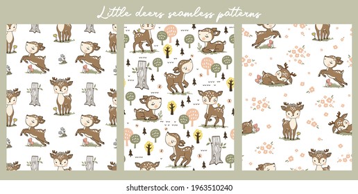 Seamless patterns collection with cute deers for kids