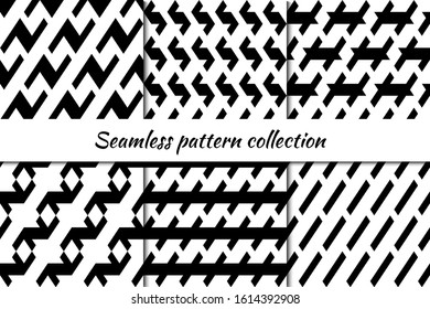 Seamless patterns collection. Figures, curves, lines backgrounds set. Simple shapes ornaments. Folk backdrops kit. Ethnic motif. Digital paper, textile print, abstract illustration. Vectors bundle.