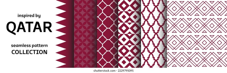 Стоковое векторное изображение: Seamless Patterns Collection inspired by Qatar Culture and Art. Set of vector graphics with backgrounds and textures. Ethnic visuals inspired by Arabian country. 