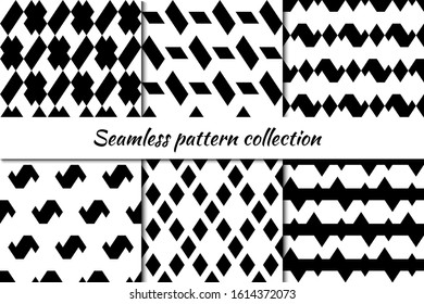 Seamless patterns collection. Rhombuses, figures backgrounds set. Diamonds, shapes ornaments. Tiles, forms kit. Ethnic motif. Digital paper, textile print, abstract. Vectors bundle.
