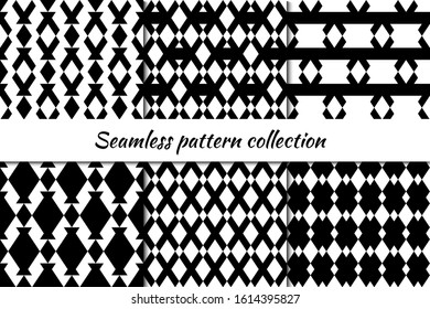 Seamless patterns collection. Rhombuses, figures, triangles backgrounds set. Diamond, triangular shapes ornaments. Tiles, polygons kit. Ethnic motif. Digital paper, textile print, Vectors bundle.