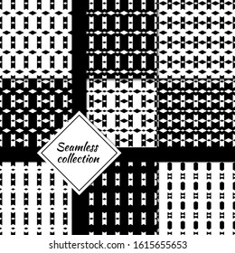 Seamless patterns collection. Rhombuses, figures backgrounds set. Diamond, shapes ornaments. Lozenges, forms backdrops kit. Ethnic motif. Digital paper, textile print, abstract. Vectors bundle.