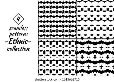 Seamless patterns collection. Rhombuses, pickets, chevrons, forms backgrounds set. Diamond, shapes ornaments. Lozenges, figures backdrops kit. Ethnic motif. Textile print, abstract. Vectors bundle.