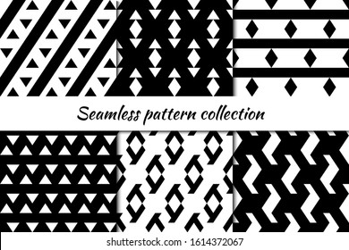Seamless patterns collection. Rhombuses, triangles, lines, figures backgrounds set. Simple shapes ornaments. Folk backdrops kit. Ethnic motif. Digital paper, textile print, abstract. Vectors bundle.