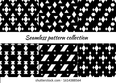 Seamless patterns collection. Rhombuses, triangles, hexagons, figures backgrounds set. Simple shapes ornaments. Folk backdrops kit. Ethnic motif. Digital paper, textile print, abstract. Vectors bundle