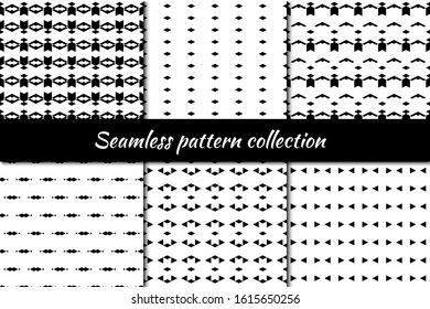 Seamless patterns collection. Rhombuses, triangles, chevrons, forms backgrounds set. Diamond, shapes ornaments. Lozenges, figures backdrops kit. Ethnic motif. Textile print, abstract. Vectors bundle.