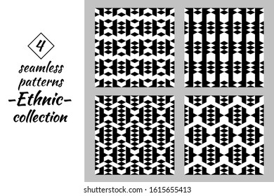 Seamless patterns collection. Rhombuses, triangles, chevrons, forms backgrounds set. Diamond, shapes ornaments. Lozenges, figures backdrops kit. Ethnic motif. Textile print, abstract. Vectors bundle.