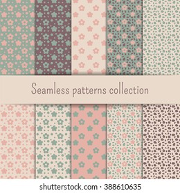 Seamless patterns collection. Set of abstract backgrounds with flowers. Can be used for wallpaper or fabric. 