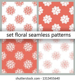 Seamless patterns collection. Trendy pattern with coral floristic patterns for banner design. Beautiful floral backdrop. Set coral color floristic patterns, great design for any purposes.