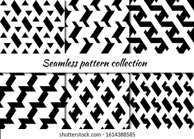 Seamless patterns collection. Triangles, figures backgrounds set. Triangular shapes, forms ornaments. Folk backdrops kit. Ethnic motif. Digital paper, textile print, abstract image. Vectors bundle.