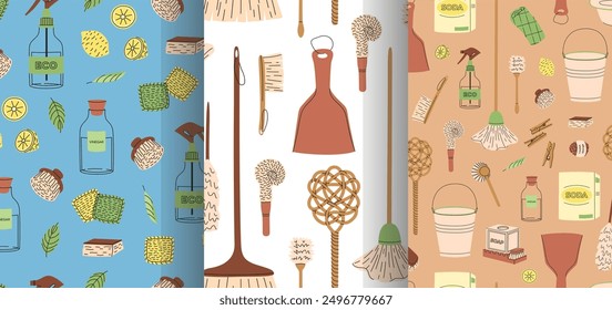 Seamless patterns collections of eco-friendly cleaning products. Organic natural ecological cleaners, soap, brushes. Green housework stuff, clean home supplies. Flat graphic vector illustration