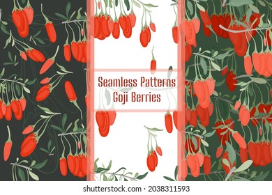 Seamless Patterns with Color Goji Berriy and Twigs
