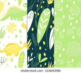 Seamless patterns of colored dinosaurs. Lemon and lime. Dinosaurs are walking on the meadow with flowers. For the design of children's clothes, fabrics, cards and books, for comics