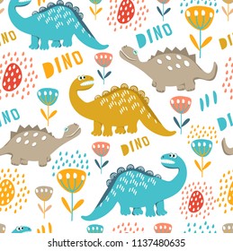 Seamless patterns of colored dinosaurs. Dinosaurs are walking on the meadow with flowers. For the design of children's clothes, fabrics, cards and books, for comics