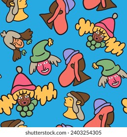 seamless patterns with colored head of characters in doodle style in vector. winter time.Template for background, textile, wallpaper, fabric, wrapping