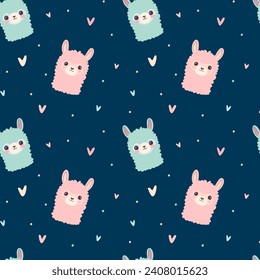 Seamless patterns Colored Llamas on a blue background, stars and hearts. Design for children's room, wallpaper, textile and typography. Pastel colors