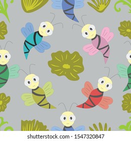 seamless patterns of colorful bees with flowers