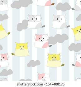 seamless patterns of colorful cats with clouds and lines

