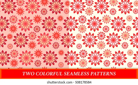 Seamless patterns with colorful flowers. Set of two bright seamless textures, red tints.