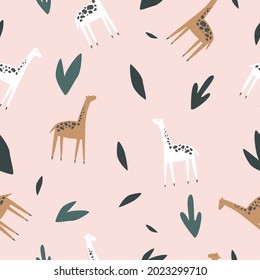 Seamless patterns. Colorful giraffes on a neutral background for design. Vector illustration