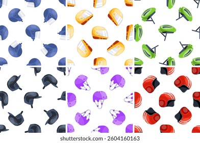 Seamless patterns with colorful helmets for different sports and activities, offering safety and protection