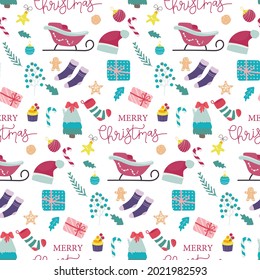 Seamless patterns with colorful illustrations of Christmas items. Use it for textile prints, patterns, web pages, wrapping paper, presentation designs, and other graphic designs.
